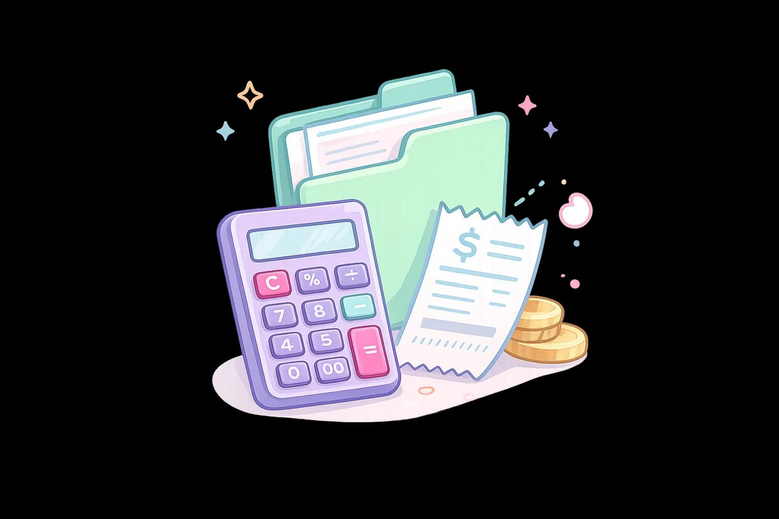 Calculadora, carpeta y comprobante
