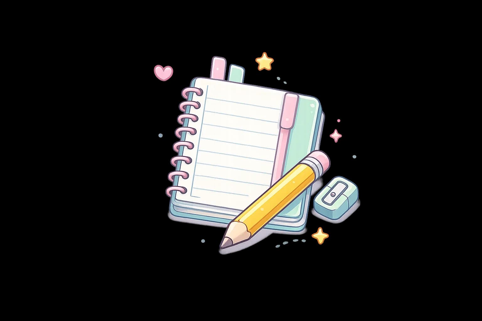 Cuaderno, lápiz y sacapuntas